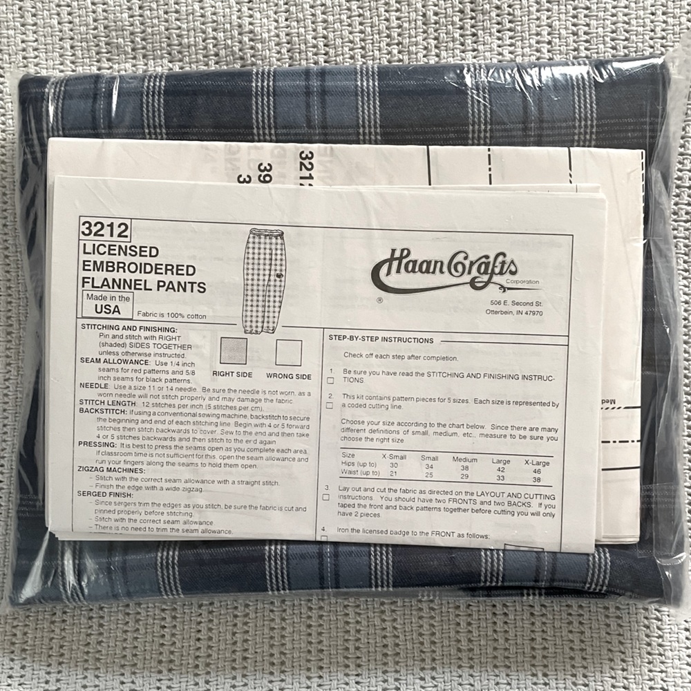 VTG Haan Crafts 100% Cotton Embroidered Flannel Pants Sewing Kit & Instructions